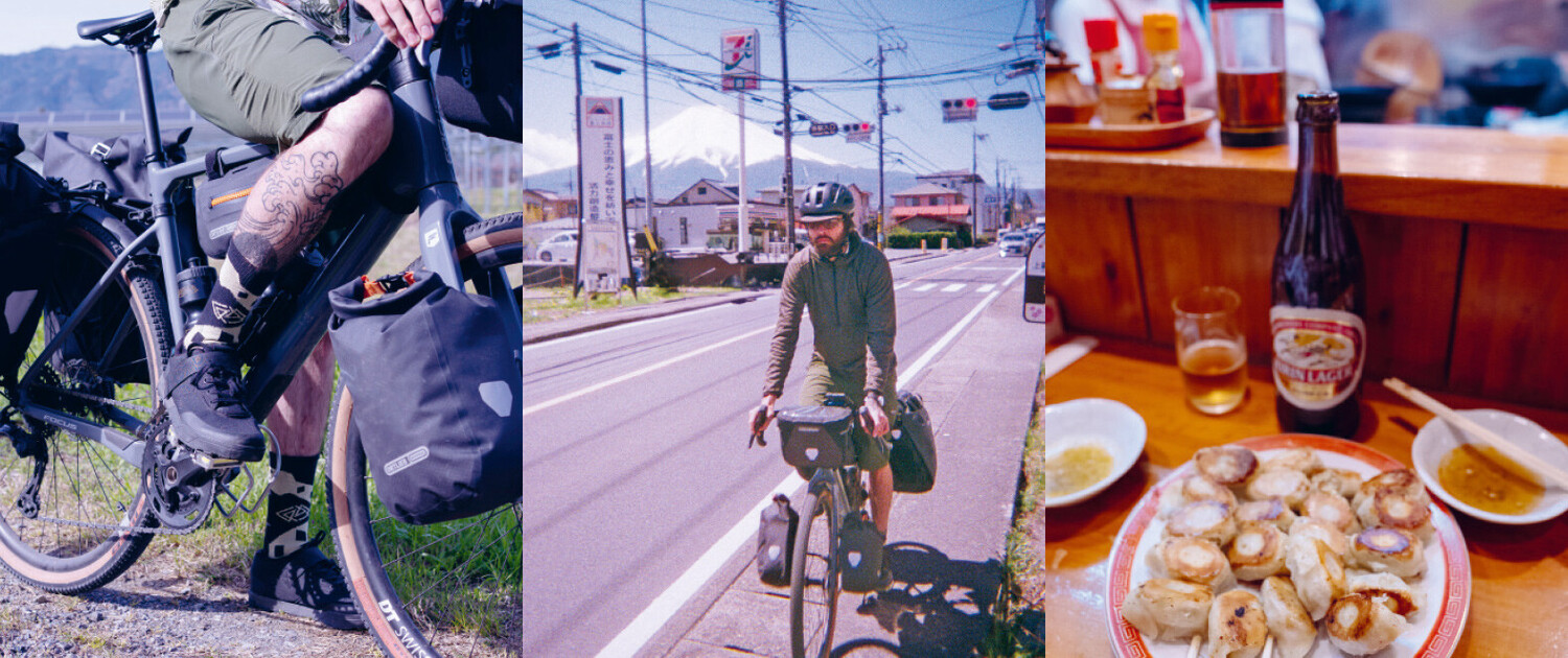Dreiteiliges Bild: Nahaufnahme eines bepackten Fahrrads mit t&auml;towierten Beinen, Radfahrer auf Stra&szlig;e mit Fuji im Hintergrund, Teller mit Gyoza und eine Flasche Bier.