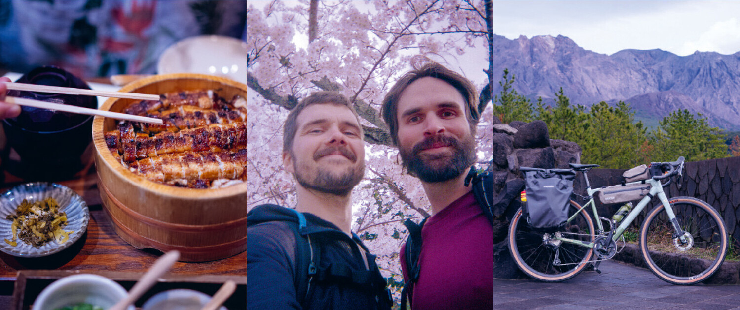 Three-part image: A bowl of unagi rice with chopsticks, a selfie of two men under cherry blossoms, a loaded bicycle against a mountain backdrop.